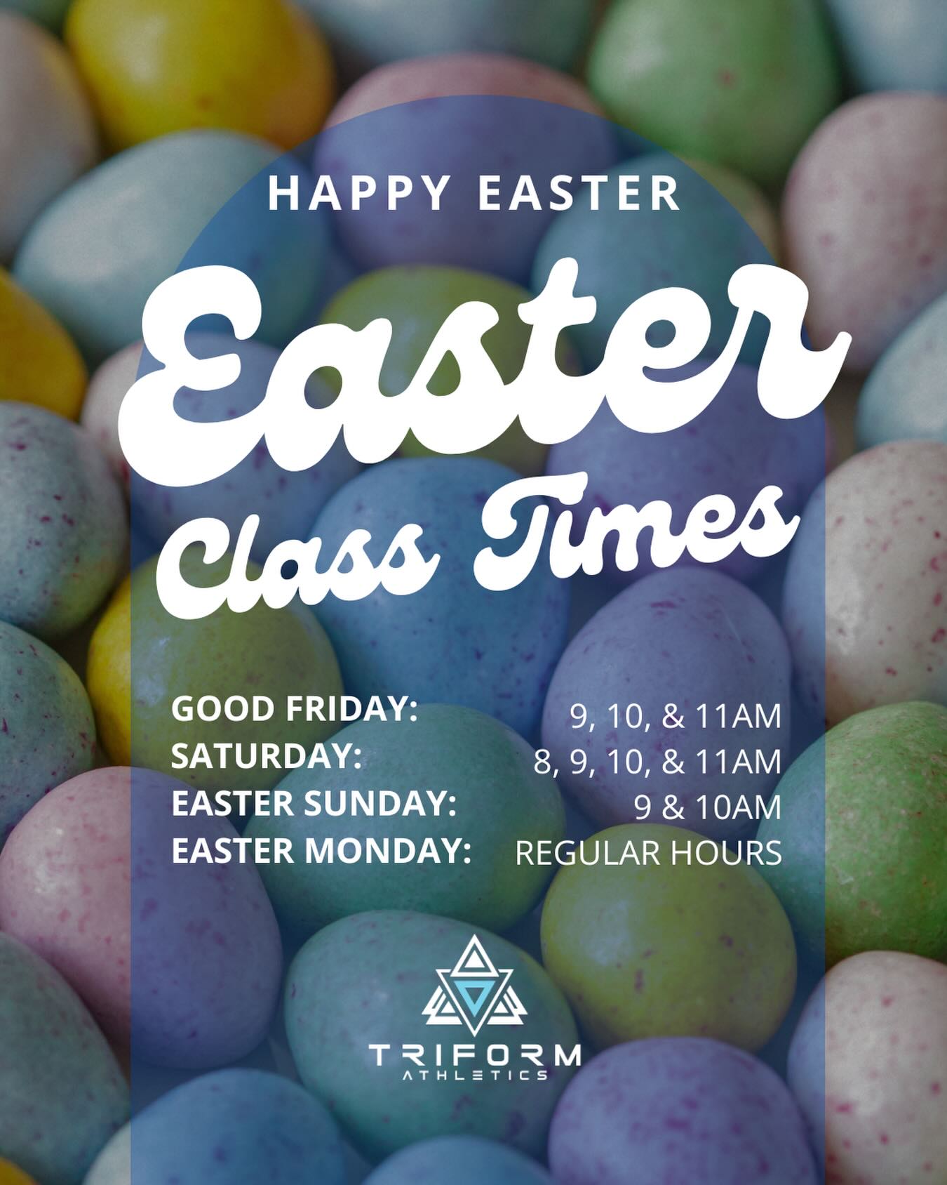 🐣 Easter Weekend at Triform — We’ve Got You Covered!

No excuses to skip the gym this long weekend 👊 Here’s everything you need to know:

Good Friday — 9am | 10am | 11am
Saturday — 8am | 9am | 10am | 11am
Easter Sunday — Partner WOD Brittches 🤝 9am | 10am
Easter Monday — Full schedule is BACK! 6am | 9am | Noon | 4pm | 5pm | 6pm (Olympic Lifting) | 7pm

Keeping the streak alive! We’ll be here for you all weekend long. 💪

See you on the floor! 🏋️