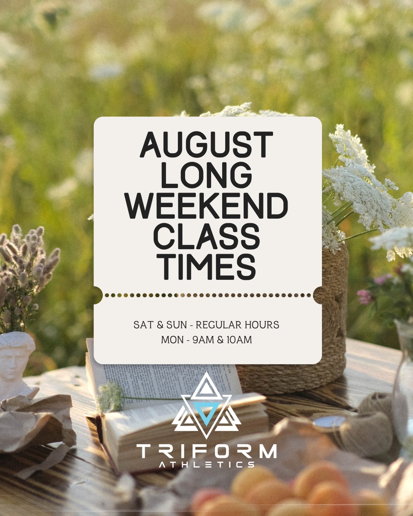 🎉 AUGUST LONG WEEKEND CLASS SCHEDULE 🎉

We’re keeping the energy going all weekend long! Here’s when to catch us:

📅 SATURDAY 🕗 8am 🕘 9am 🕙 10am 🕚 11am
📅 SUNDAY 🕘 9am 🕙 10am
📅 MONDAY (Long Weekend Special ✨)
🕘 9am 🕙 10am

Same great classes, holiday hours — grab your spot and get moving with us! 💪

See you at the gym 🙌