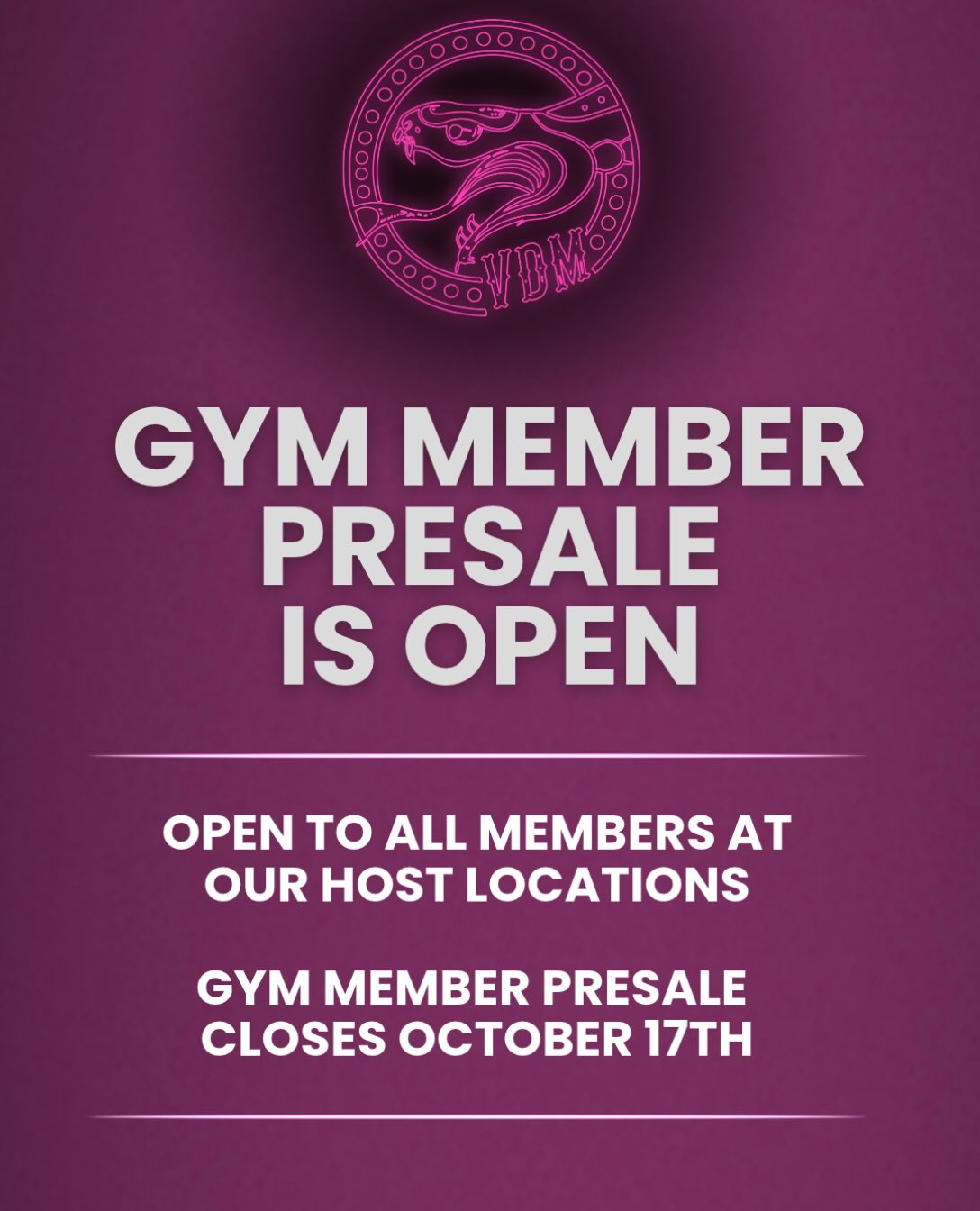 🚨 VDM 2027 HOST GYM MEMBER PRESALE IS OPEN! 🚨

All our gym members get exclusive early access to VDM 2027 registration before presale opens to everyone else. You already call a VDM host location home — now it’s time to represent your gym on competition day 🔥

#vdm2027 #globalcomp