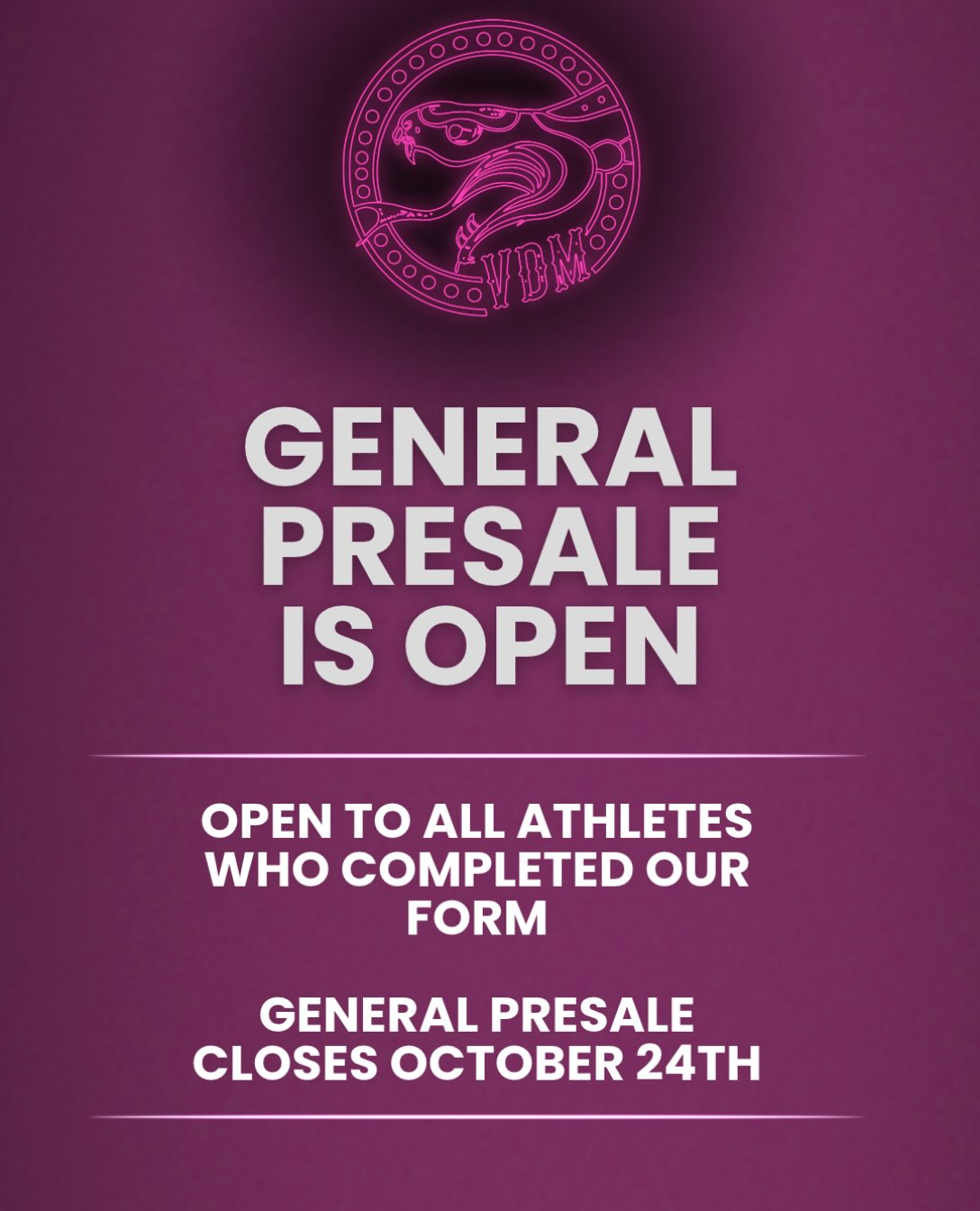 🚨 VDM 2027 PRESALE IS OFFICIALLY OPEN! 🚨

The wait is over. It’s time to lock in your team ❤️‍🔥

Presale athletes get first access to registration before we open to the public — giving you the best chance to secure your spot at your preferred host location.

If you joined the presale, check your inbox (or spam) for your registration link! Presale registration closes on October 24th. Registration opens to the public on October 26th.

Don’t wait — locations can sell out FAST.

#vdm2027 #globalcomp