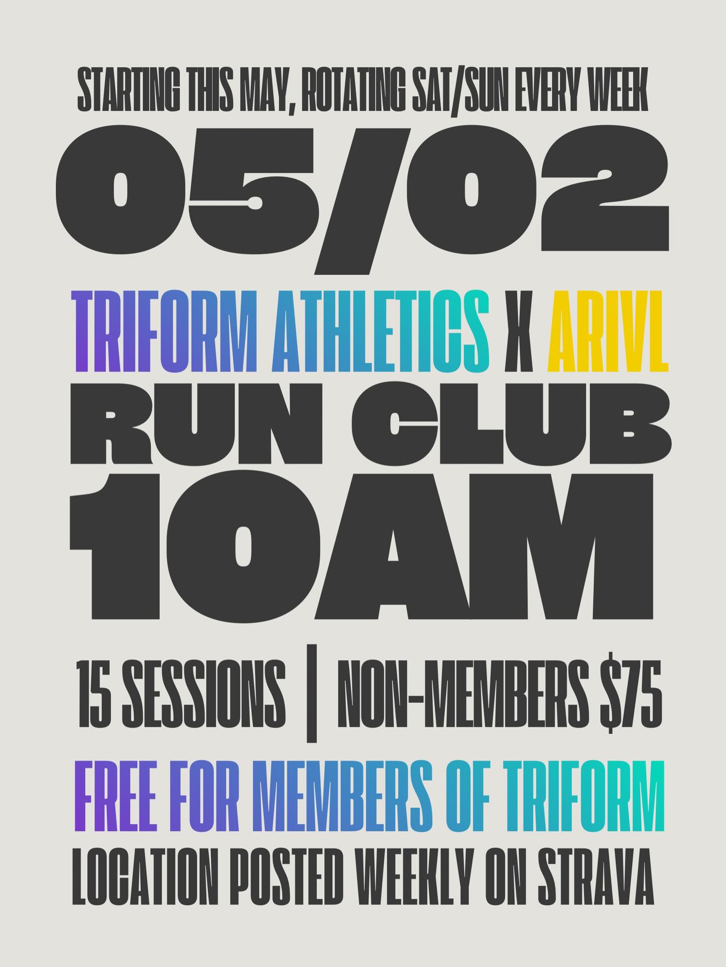 It started with two calendars…and one big goal.

This May, Coach Tyler and Coach Sam decided to team up and train for their big races in 2026. Different backgrounds, same mindset: Show up, do the work, and have fun doing it.

Some days it’s river valley miles and easy laughs, other days it’s stairs, track sessions, and questioning life choices (in a good way)! Every run builds momentum, and one thing became obvious fast: training is better done together. 

That energy is what sparked the idea for a Run Club with Triform Athletics x ARIVL.

It’s not about pace or podiums; just consistency, community, and enjoying the grind. 

This is the warm up lap. 2026 is here, and we’re bringing people with us.

Join us for an info session this Sunday, April 19 at 11am at Triform Athletics. 

See you there!